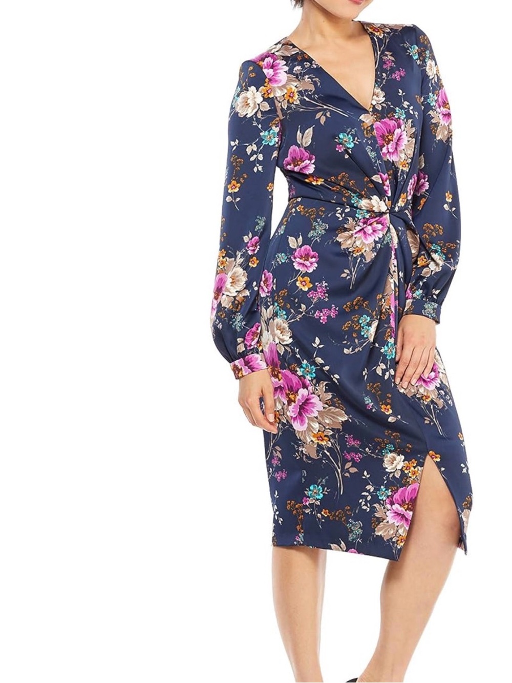 Maggy London Navy Floral Tie-Front Midi Dress
